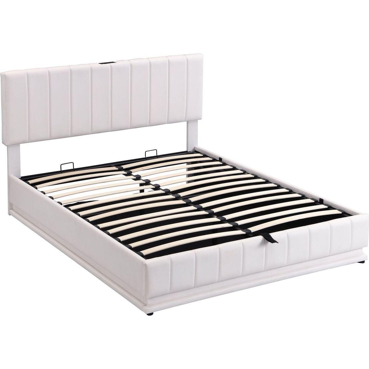 Queen Size Upholstered Bed with Hydraulic Storage System and LED Light, Modern Platform Bed with Sockets and USB Ports, White