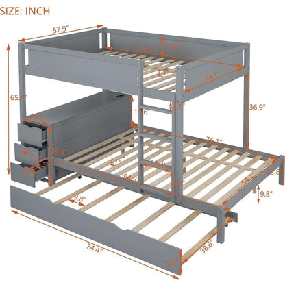Full-Over-Full Bunk Bed with Twin size Trundle, Storage and Desk, Gray