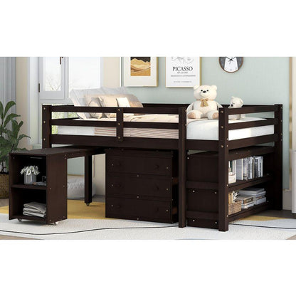 Low Study Full Loft Bed with Cabinet, Shelves and Rolling Portable Desk, Multiple Functions Bed- Espresso
