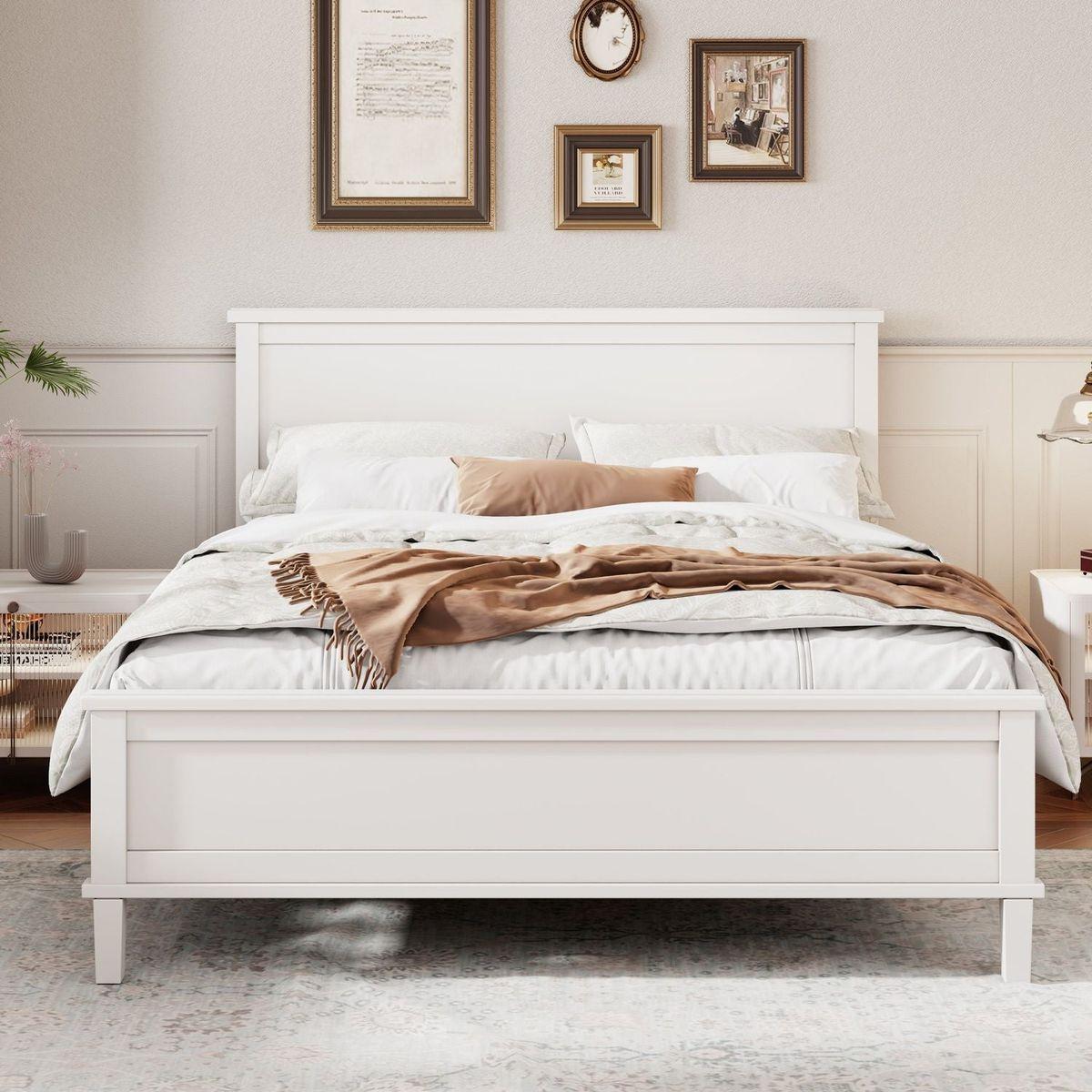 Mid-Century Wood Platform Bed with Headboard and Wood Slat Support, No Box Spring Needed, Queen Size, White