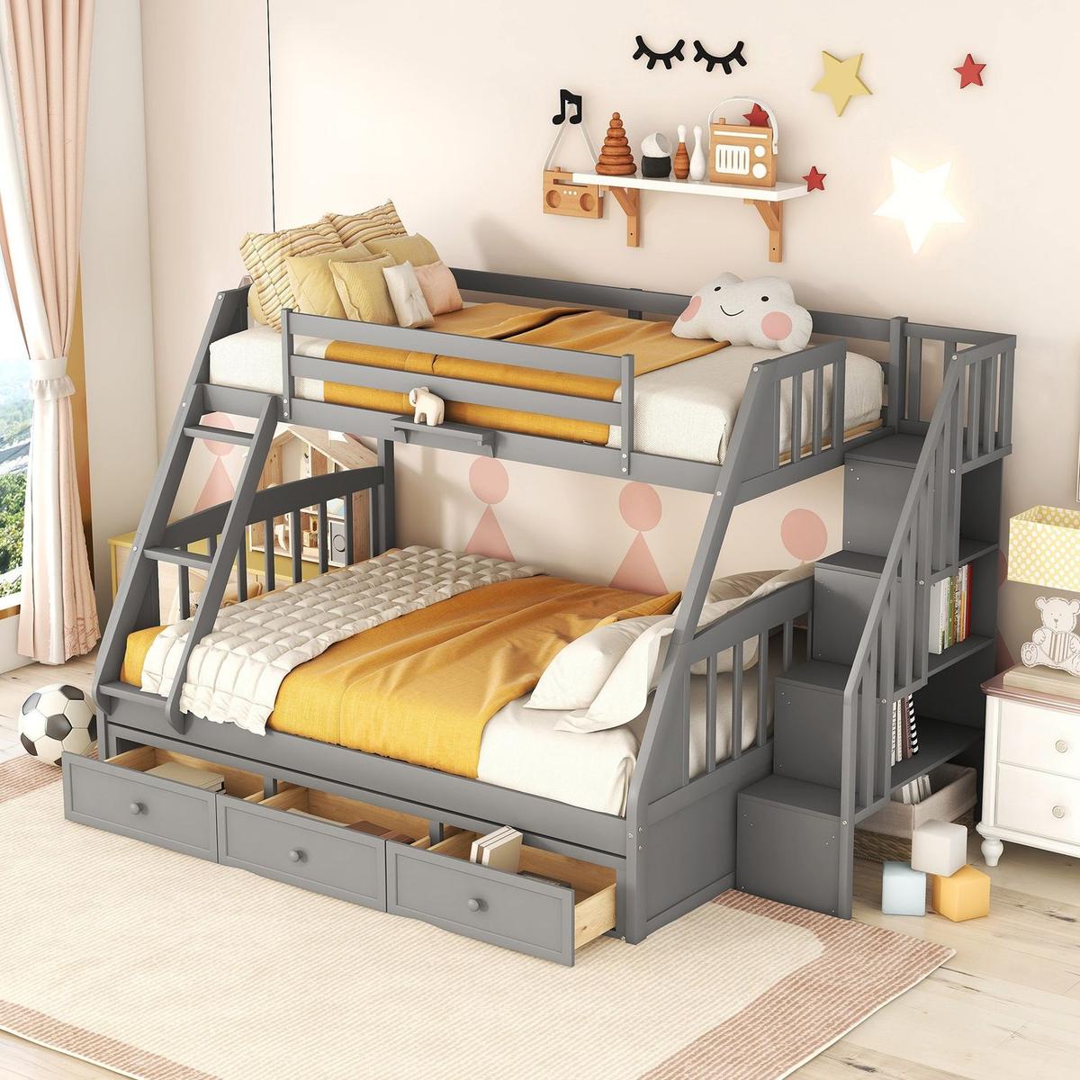Twin-Over-Full Bunk Bed with Drawers氓Ladder and Storage Staircase, Gray