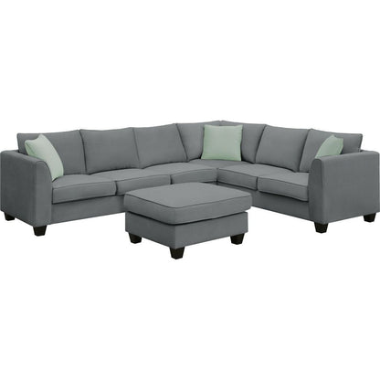 112x87" Sectional Sofa Couches Living Room Sets, 7 Seats Modular Sectional Sofa with Ottoman, L Shape Fabric Sofa Corner Couch Set with 3 Pillows, Grey(New of GS008210AAG)