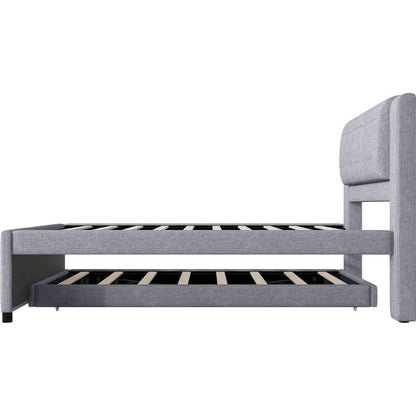 Full Size Upholstery platform bed with Trundle,Trundle can be flat or erected, Gray