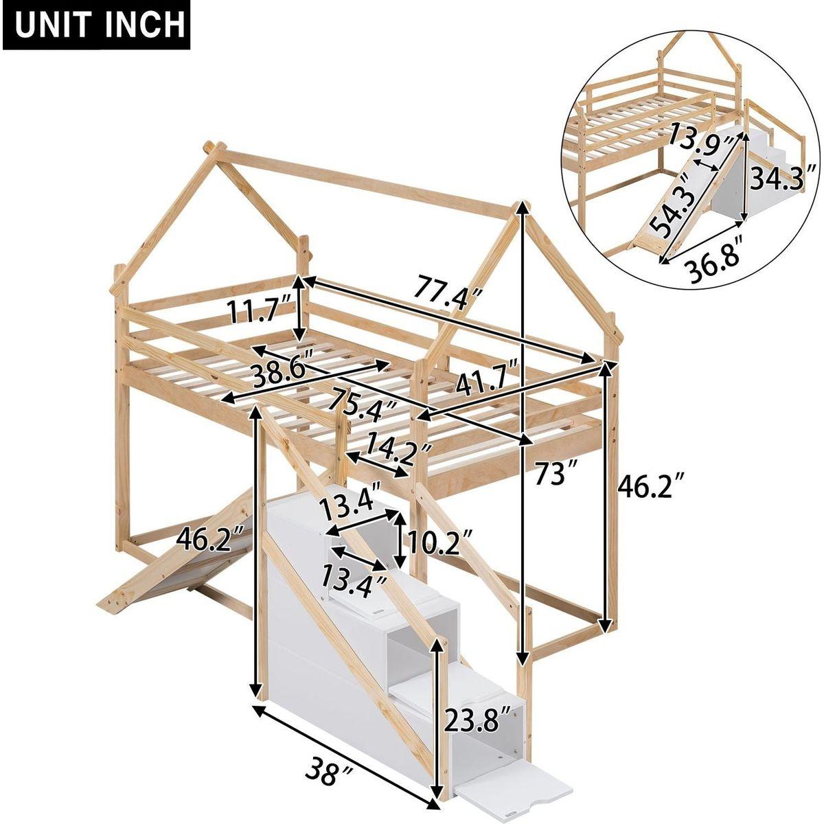 Twin over Twin House Loft or Bunk Bed with Slide and Staircase, Natural