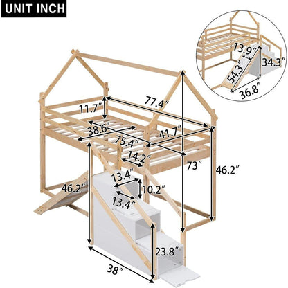 Twin over Twin House Loft or Bunk Bed with Slide and Staircase, Natural