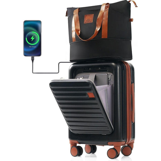 Front Opening 20-Inch Carry-On Luggage with Expandable Travel Bag Set, ABS Hard Shell Two-piece suitcase set with USB Port, Cup Holder, black and brown