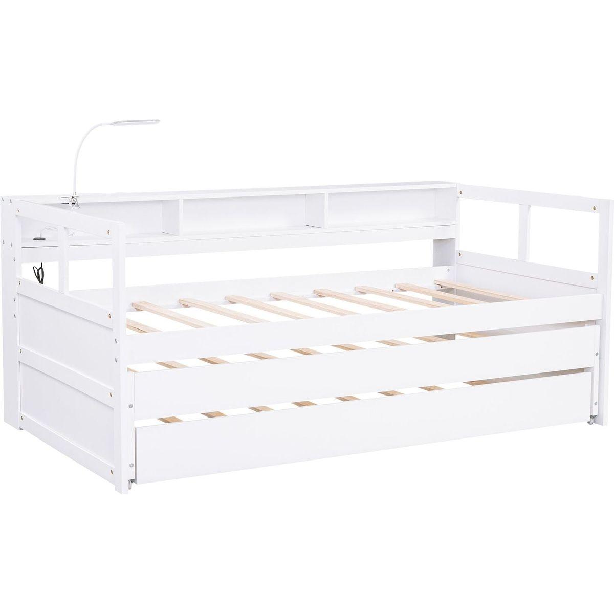 Twin XL Wood Daybed with 2 Trundles, 3 Storage Cubbies, 1 Light for Free and USB Charging Design, White