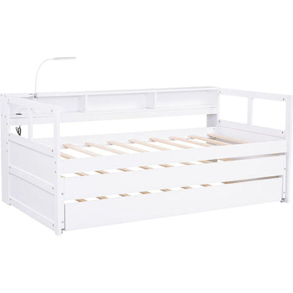 Twin XL Wood Daybed with 2 Trundles, 3 Storage Cubbies, 1 Light for Free and USB Charging Design, White