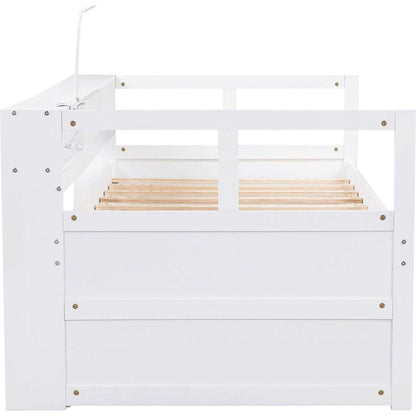 Twin XL Wood Daybed with 2 Trundles, 3 Storage Cubbies, 1 Light for Free and USB Charging Design, White