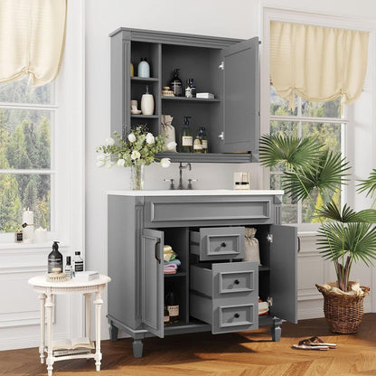 36" Bathroom Vanity with Top Sink, Grey Mirror Cabinet, Modern Bathroom Storage Cabinet with 2 Soft Closing Doors and 2 Drawers, Single Sink Bathroom Vanity