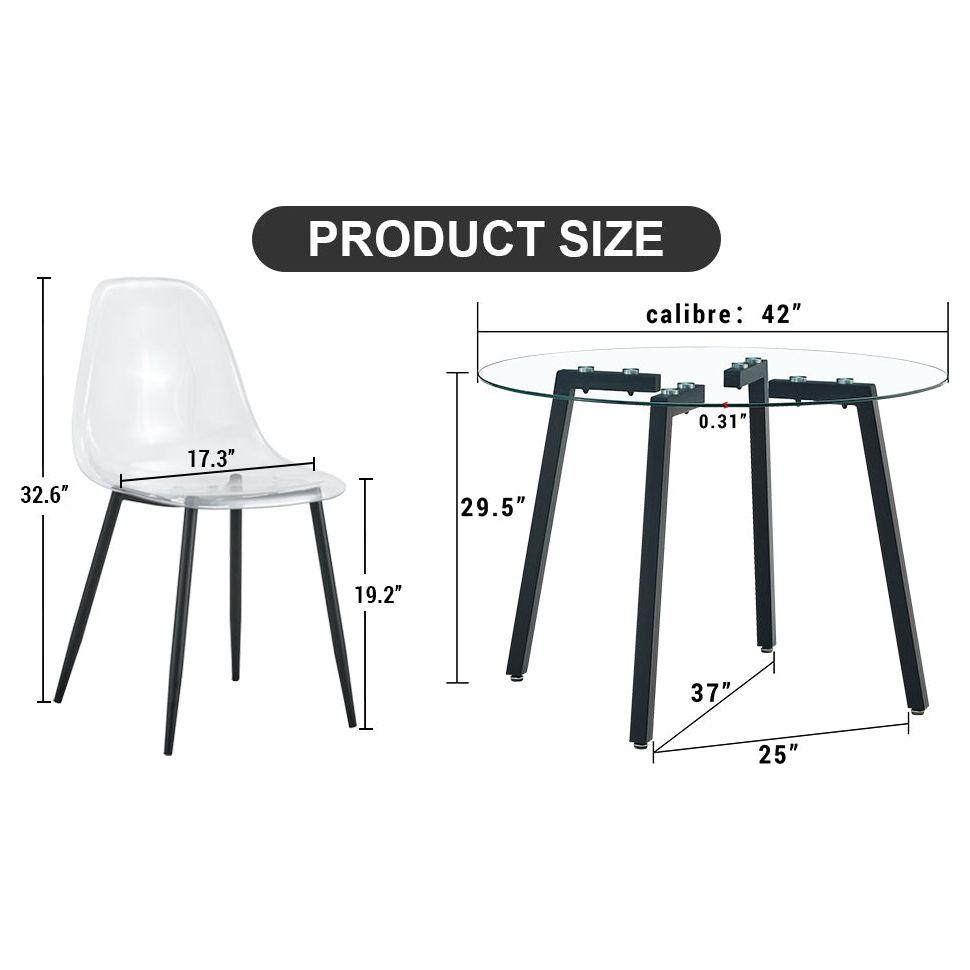 Modern simple style round transparent tempered glass table, black metal legs, 4-piece set of modern minimalist transparent dining chairs with black metal legs