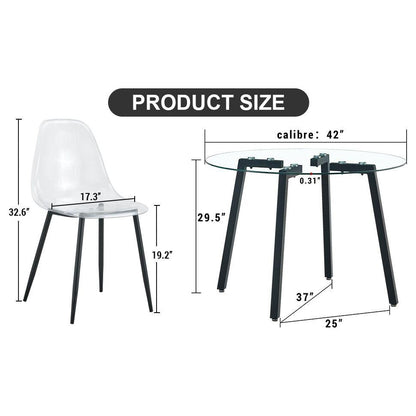 Modern simple style round transparent tempered glass table, black metal legs, 4-piece set of modern minimalist transparent dining chairs with black metal legs