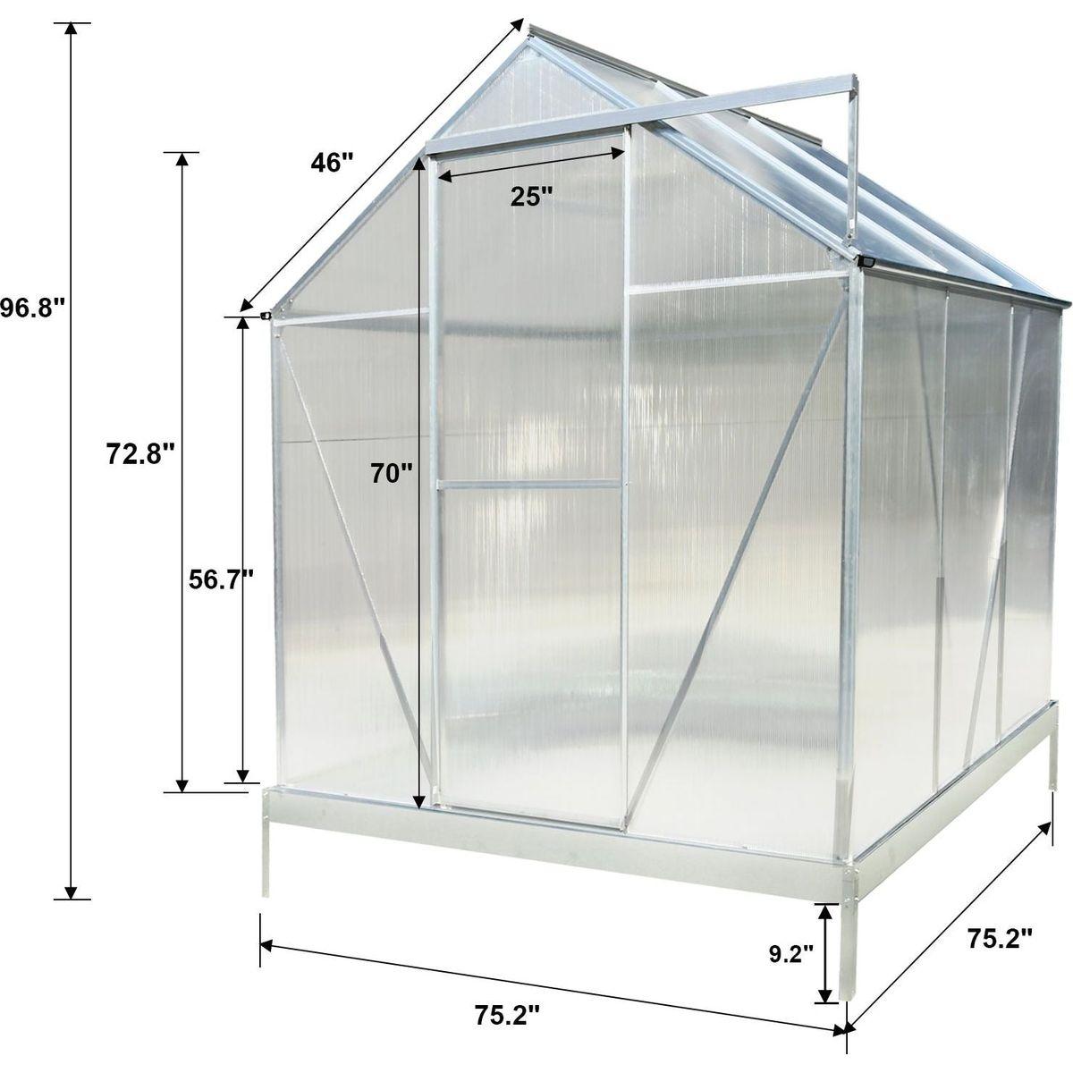 6.3'x6.2'x7' Polycarbonate Greenhouse, Heavy Duty Outdoor Aluminum Walk-in Green House Kit with Rain Gutter, Vent and Door for Backyard Garden, color aluminium