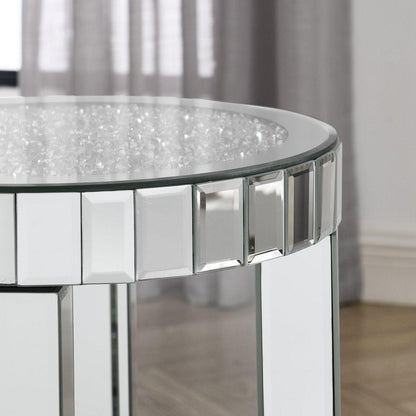 Mirror round table with crystal inlay, 2-layer modern small sofa table with storage space, silver decorative table suitable for living room, bedroom, coffee and small spaces