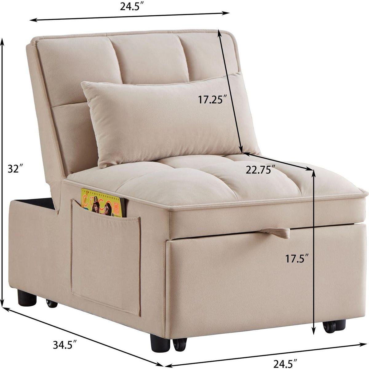4 in1 Multi-Function Single Sofa Bed with Storage Pockets,Tufted Single Pull-out Sofa Bed with Adjustable Backrest and Pillows, Convertible Chaise Lounge,Taupe