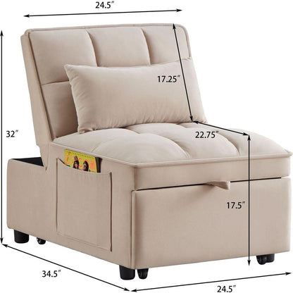 4 in1 Multi-Function Single Sofa Bed with Storage Pockets,Tufted Single Pull-out Sofa Bed with Adjustable Backrest and Pillows, Convertible Chaise Lounge,Taupe