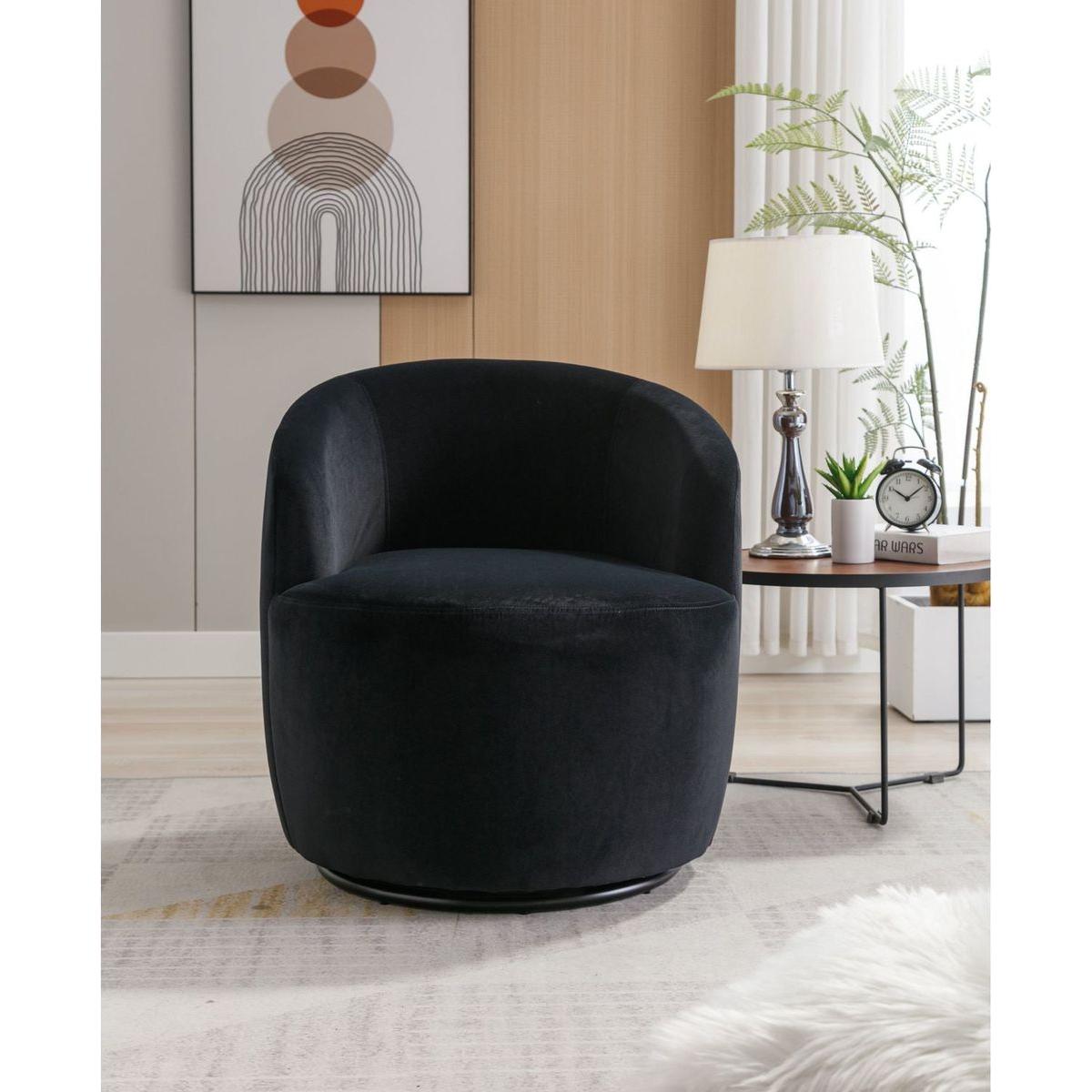 Velvet Fabric Swivel Accent Armchair Barrel Chair With Black Powder Coating Metal Ring,Black