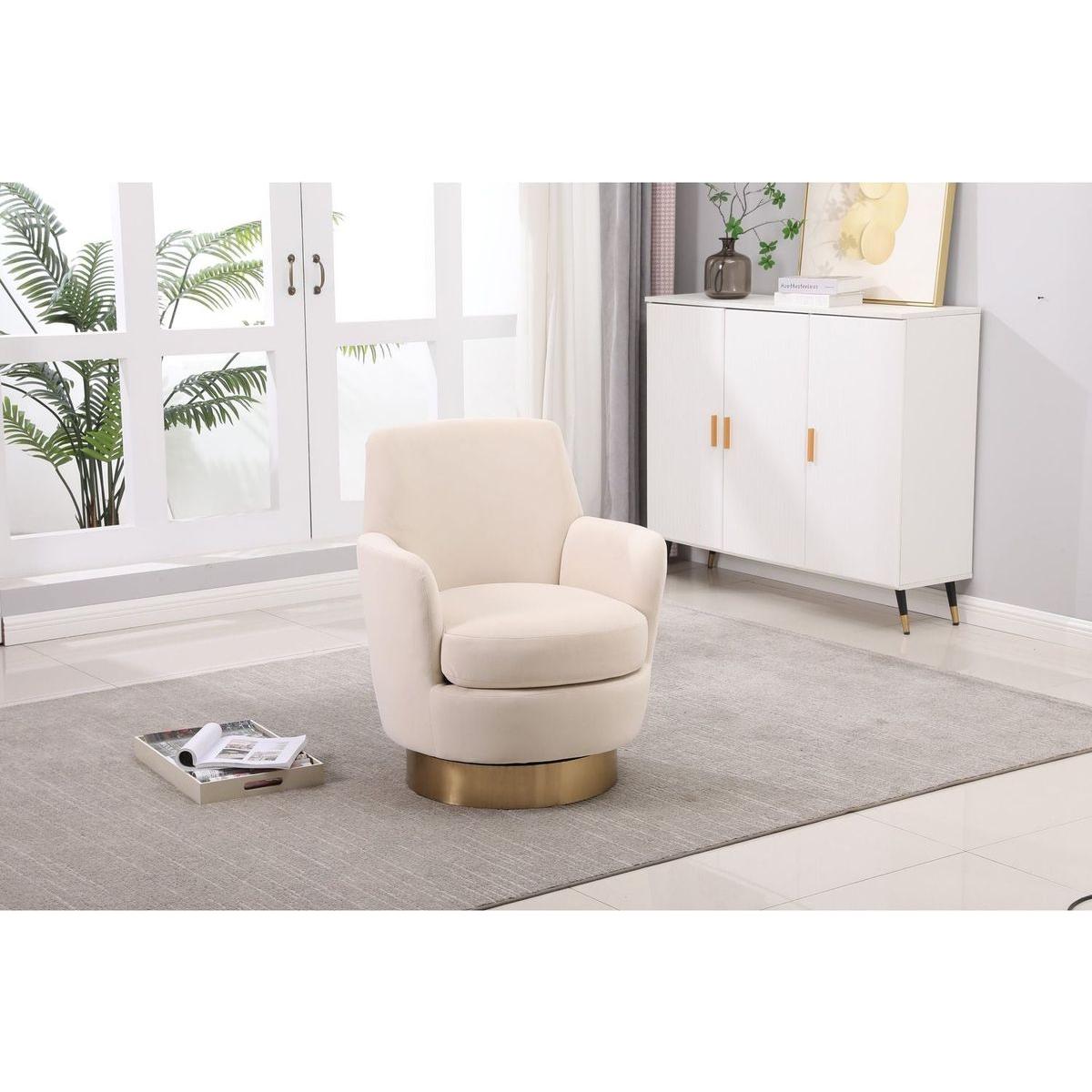 Velvet Swivel Barrel Chair, Swivel Accent Chairs Armchair for Living Room, Reading Chairs for Bedroom Comfy, Round Barrel Chairs with Gold Stainless Steel Base (Beige)