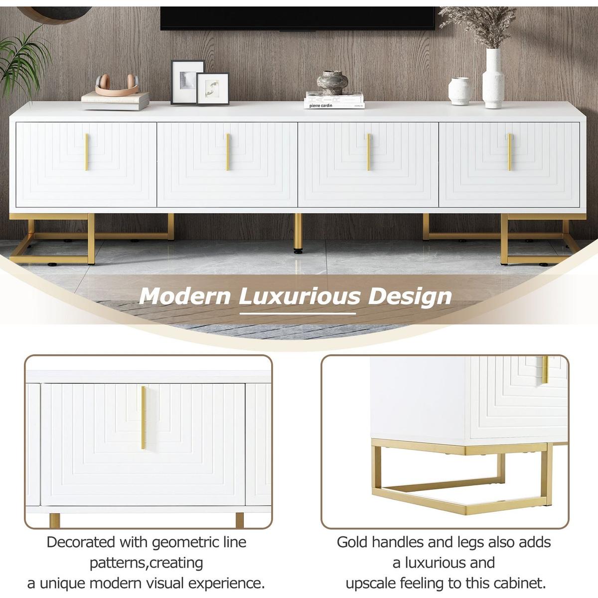 Modern TV Stand with Metal Legs and Gold Handles for TVs Up to 80", Media Console Table with Cabinets and Adjustable Shelves, Luxury TV Cabinet with Geometric Lines for Living Room, White