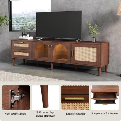 Rattan TV Stand with 3 Cabinets & 2 Drawers, Rattan-inspired Media Console Table for TVs up to 80", LED Light Entertainment Center, TV cabinet for Living room, Bedroom, Home Theatre - Streamdale Furniture