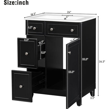 24-Inch Bathroom Vanity Cabinet with Ceramic Sink, 2 Drawers, 1 Door