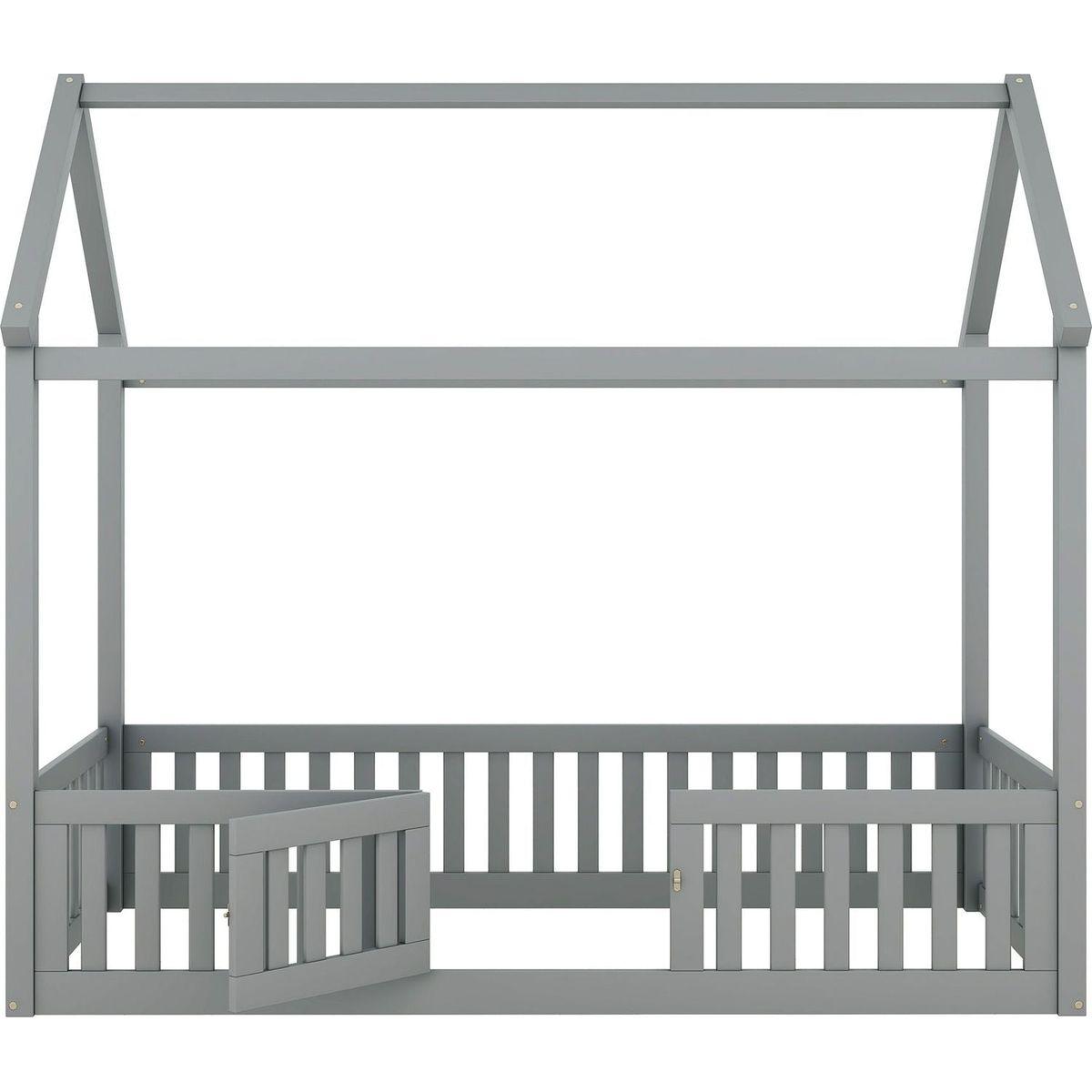 Twin Size Wood House Bed with Fence and Door, Gray