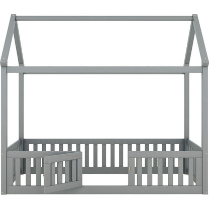 Twin Size Wood House Bed with Fence and Door, Gray