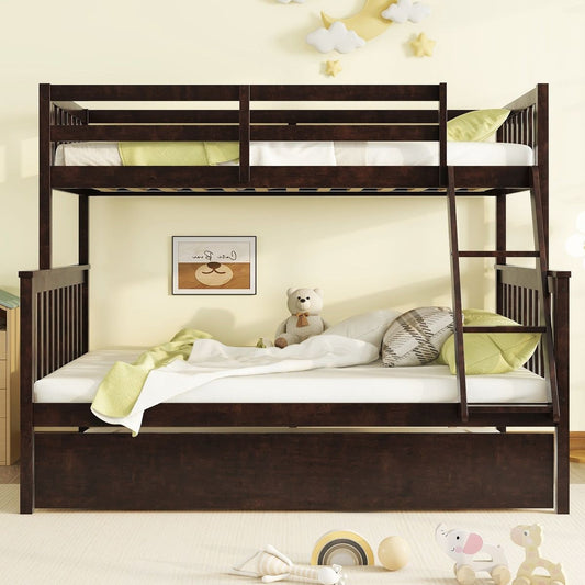 Twin Over Full Rubber Wood Bunk Bed with Trundle, Convertible Ladder and Guardrail, Detachable, Convertible Bed, with Twin Size Trundle ,Espresso