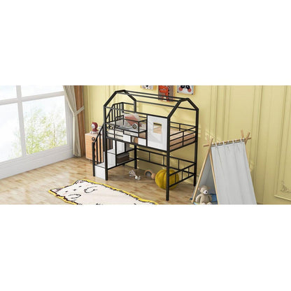 Metal Loft Bed with roof design and a storage box, Twin, Black