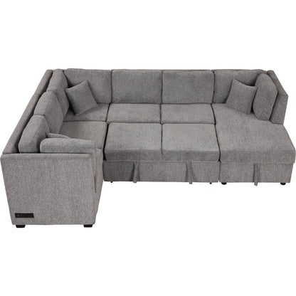 108.6" U-shaped Sectional Sofa Pull out Sofa Bed with Two USB Ports, Two Power Sockets, Three Back Pillows and a Storage Chaise for Living Room, Light Gray
