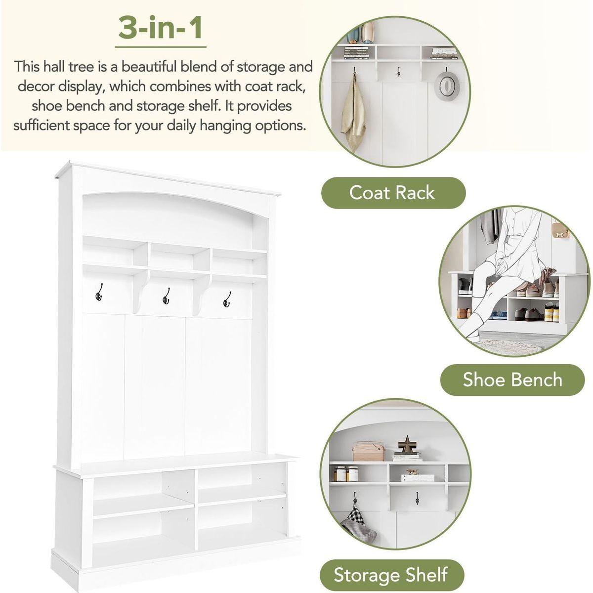 47.2" Wide Hall Tree with Bench and Shoe Storage, Multi-functional Storage Bench with 3 Hanging Hooks & Open Storage Space, Rectangle Storage & Shelves Coat Rack for Hallway, White