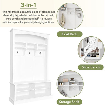 47.2" Wide Hall Tree with Bench and Shoe Storage, Multi-functional Storage Bench with 3 Hanging Hooks & Open Storage Space, Rectangle Storage & Shelves Coat Rack for Hallway, White