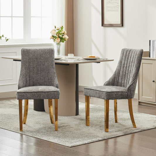 Rayon Cloth Flocking Chenille Dining Chairs Channel Kitchen Dinner Chair Comfy Fabric Upholstered Accent Chair for Dining Room with Golden Stainless Steel Plating Legs,Set of 2 (Gray), SW1647GY
