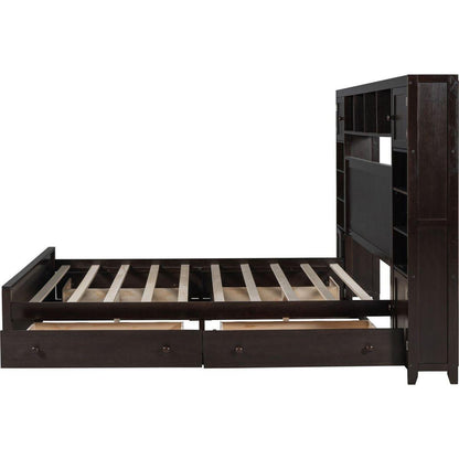 Queen Size Wooden Bed With All-in-One Cabinet, Shelf and Sockets, Espresso