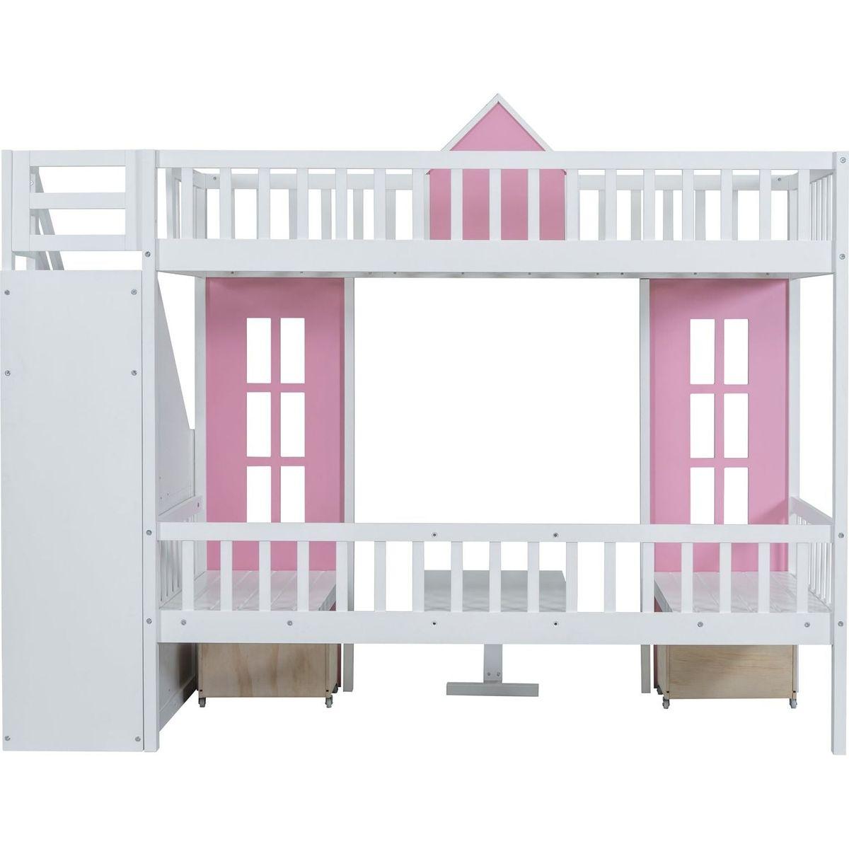 Twin-Over-Twin Bunk Bed with Changeable Table, Bunk Bed Turn into Upper Bed and Down Desk -Pink