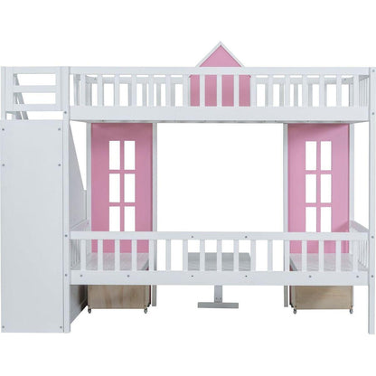 Twin-Over-Twin Bunk Bed with Changeable Table, Bunk Bed Turn into Upper Bed and Down Desk -Pink