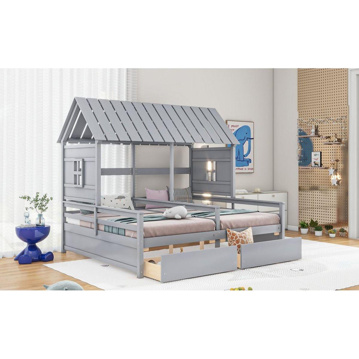 Twin Size House Platform Beds with Two Drawers for Boy and Girl Shared Beds, Combination of 2 Side by Side Twin Size Beds, Gray