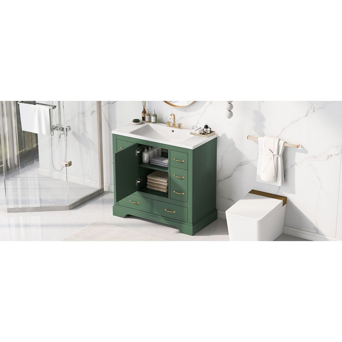 36" Bathroom Vanity with Sink Combo, Six Drawers, Multi-Functional Drawer Divider, Adjustable Shelf, Green