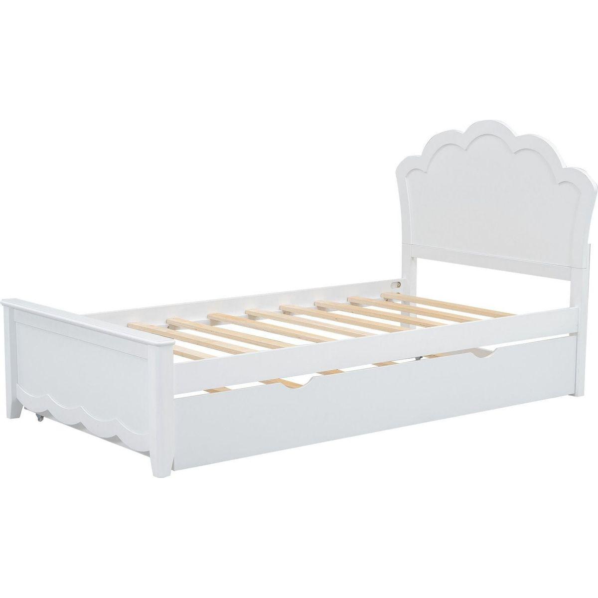 Twin Size Wood Platform Bed with Headboard and Twin Size Trundle, White