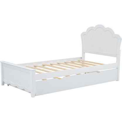 Twin Size Wood Platform Bed with Headboard and Twin Size Trundle, White