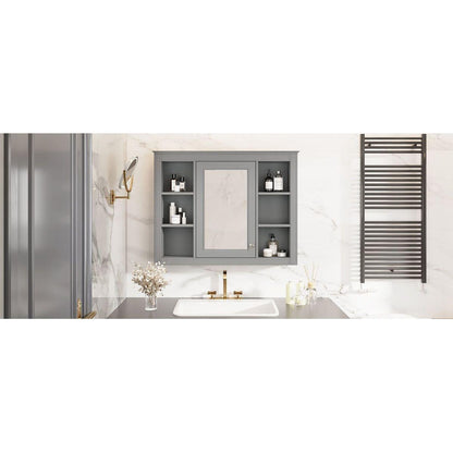 35" x 27.5" Medicine Cabinet, Wall Mounted Bathroom Storage Cabinet, Modern Bathroom Wall Cabinet with Mirror, Mirror Cabinet with 6 Open Shelves (Not Include Bathroom Vanity)