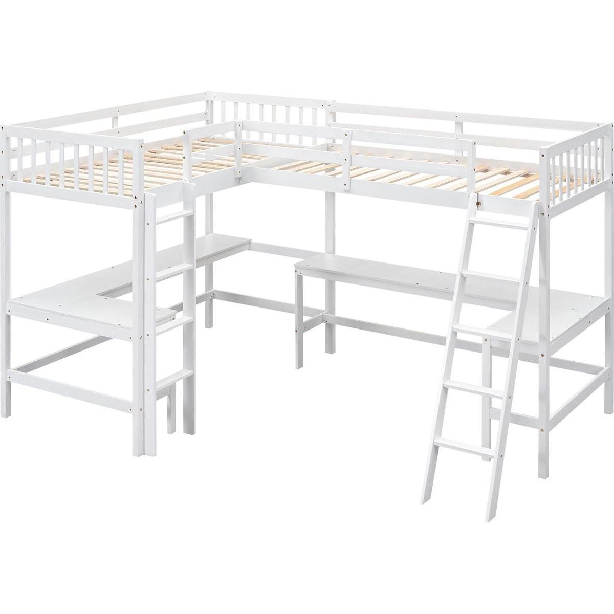 Wood Twin Size L-Shaped Loft Bed with Ladder and 2 Built-in L-Shaped Desks, White