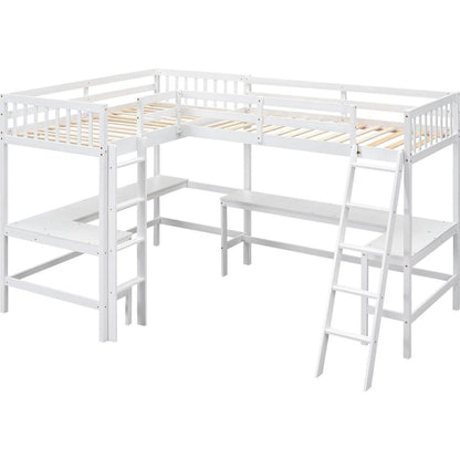 Wood Twin Size L-Shaped Loft Bed with Ladder and 2 Built-in L-Shaped Desks, White