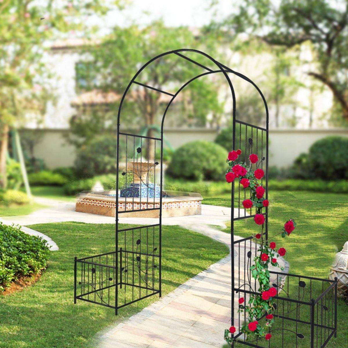 Metal Garden Arch with two plant stands 79.5" Wide x 86.6" High Climbing Plants Support Rose Arch Outdoor Black