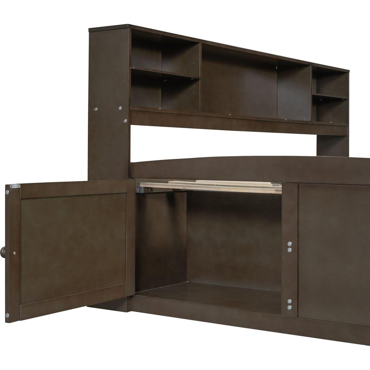 Full Size Wood Daybed with 2 Bedside Cabinets, Upper Shelves and 4 Drawers, Antique Brown
