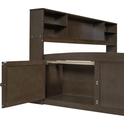 Full Size Wood Daybed with 2 Bedside Cabinets, Upper Shelves and 4 Drawers, Antique Brown