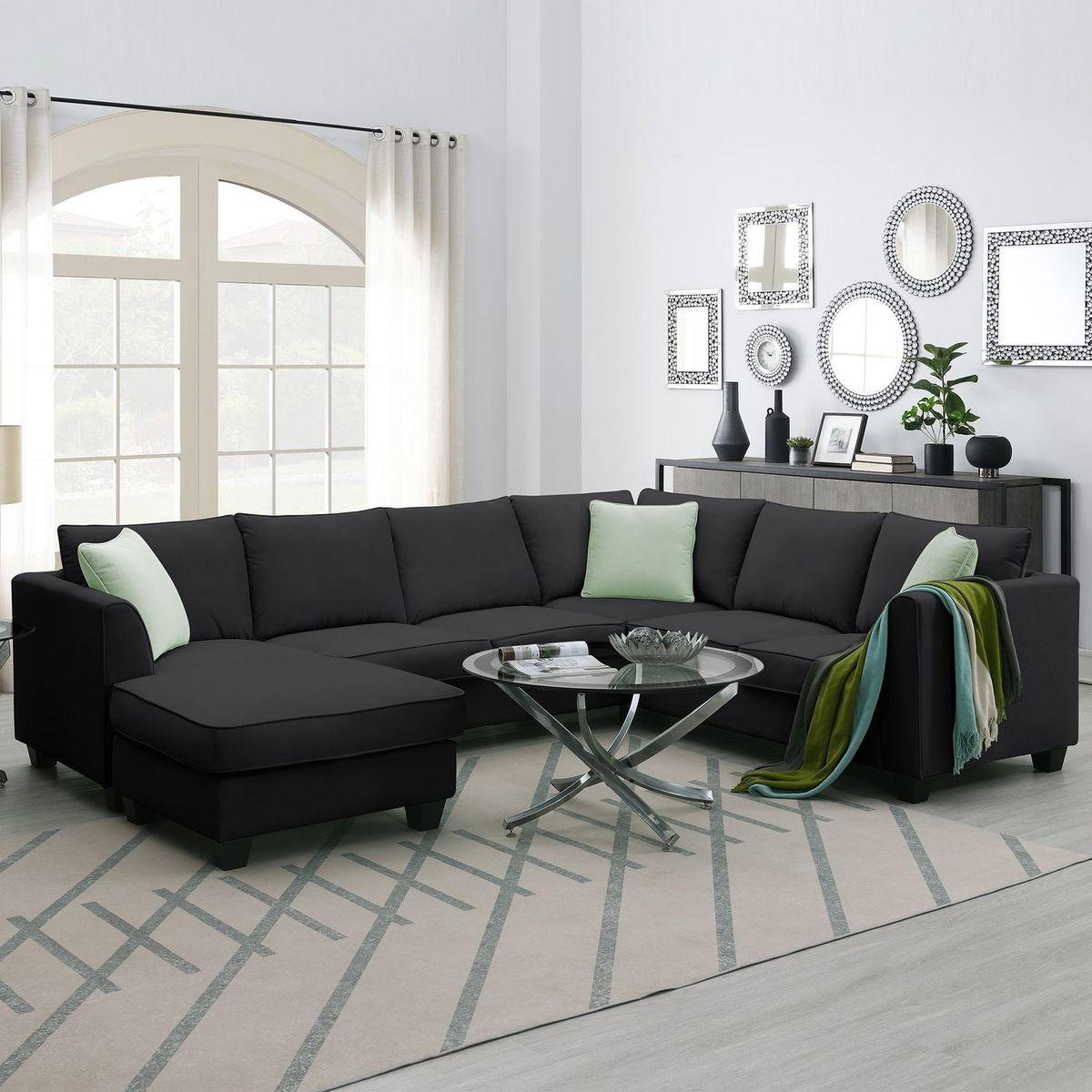 112x87" Sectional Sofa Couches Living Room Sets, 7 Seats Modular Sectional Sofa with Ottoman, L Shape Fabric Sofa Corner Couch Set with 3 Pillows, Black(New of GS008210AAB)