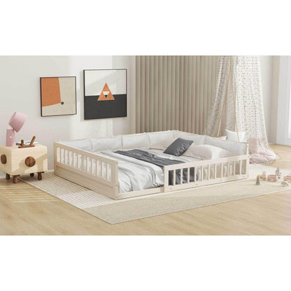 Wood Full Size Upholstered Platform Bed with Guardrail and Pillow, Beige