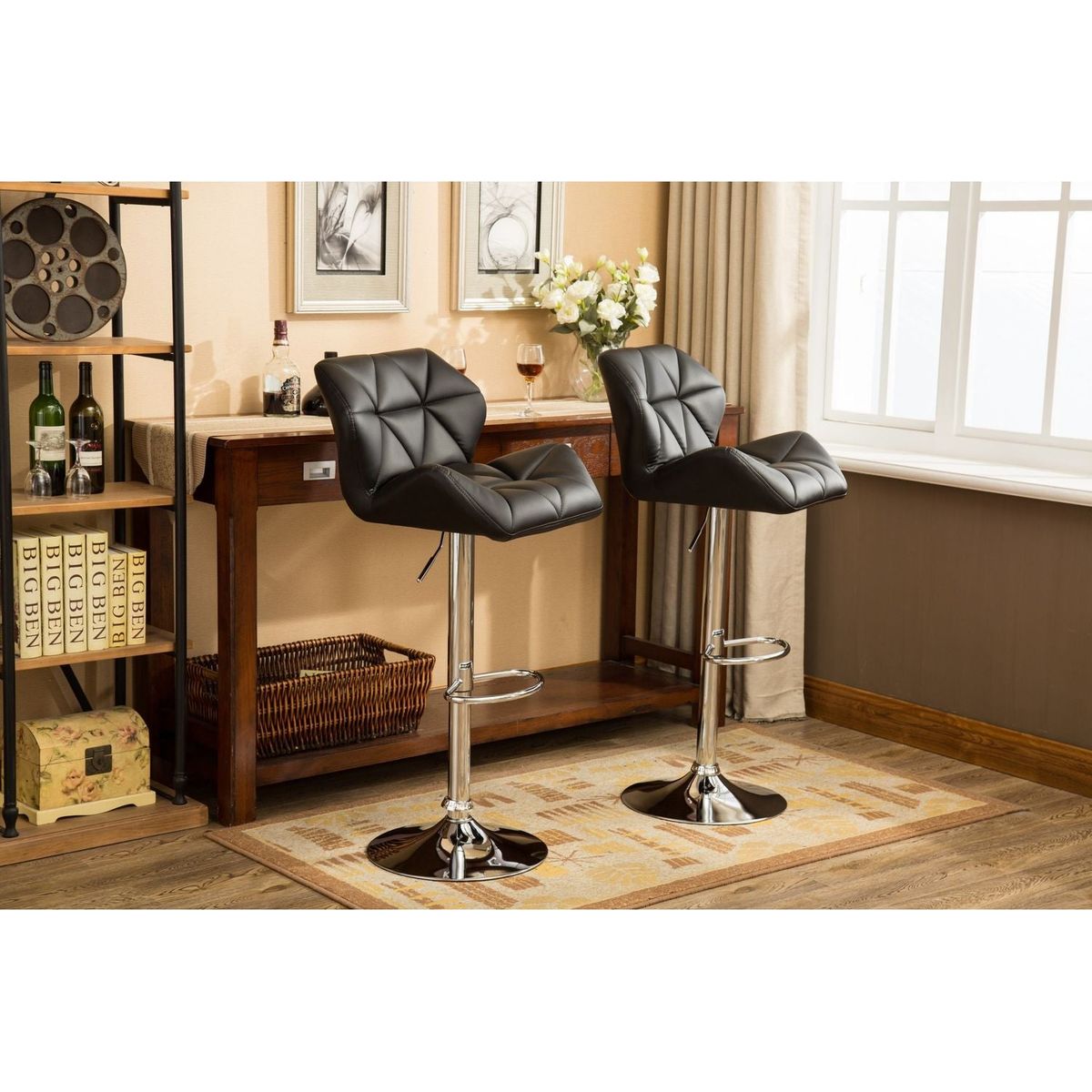 Glasgow Contemporary Tufted Adjustable Height Hidraulic Bar Stools, Set of 2, Black - Streamdale Furniture