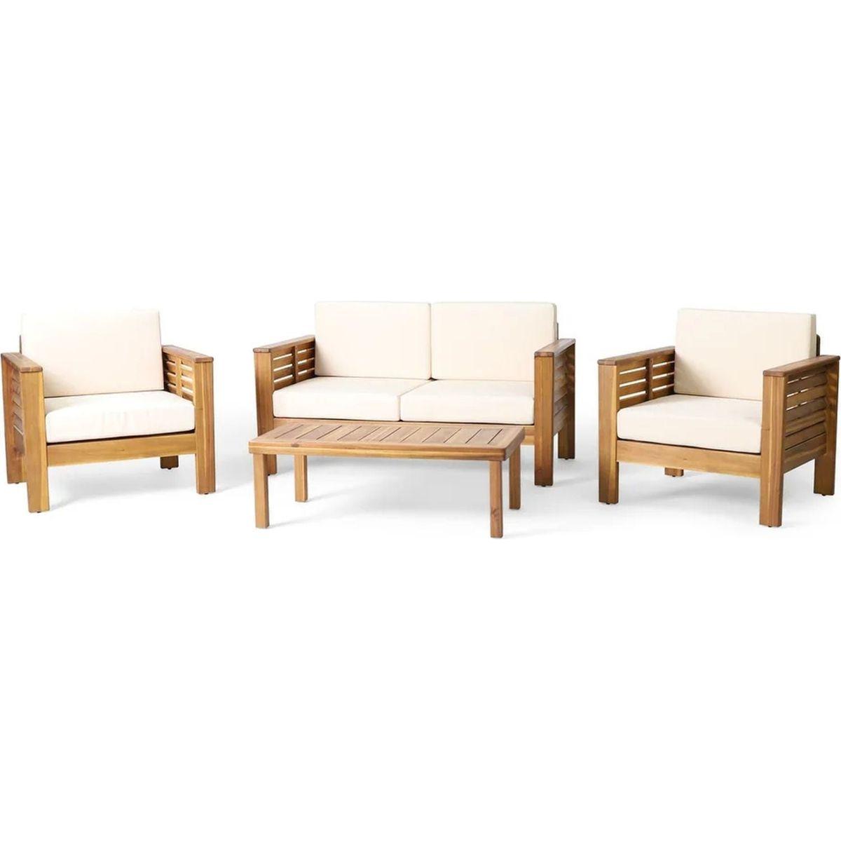 Teak Acacia Wood Loveseat and Coffee Table Set with Cream Cushions